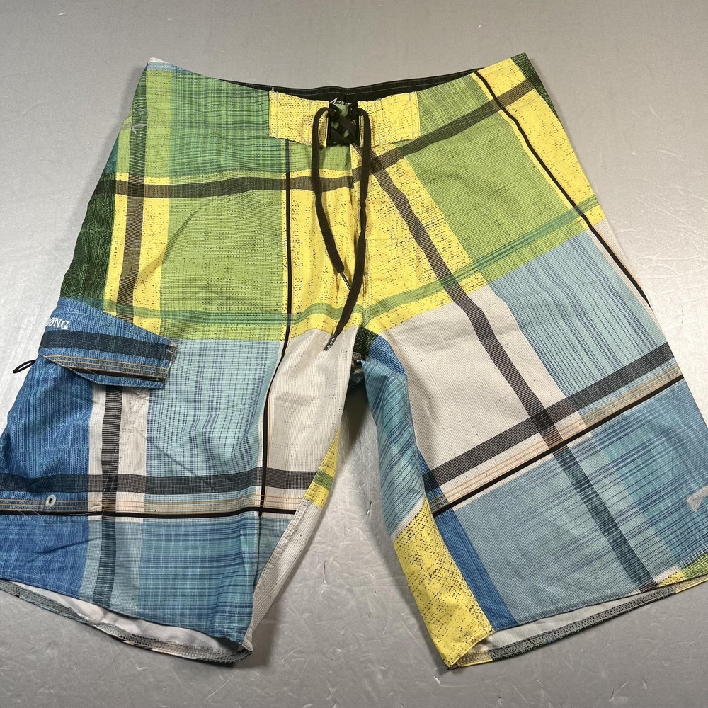 Billabong Board Shorts Mens 34 Blue Yellow Green Plaid Platinum X Stretch‎ Surf